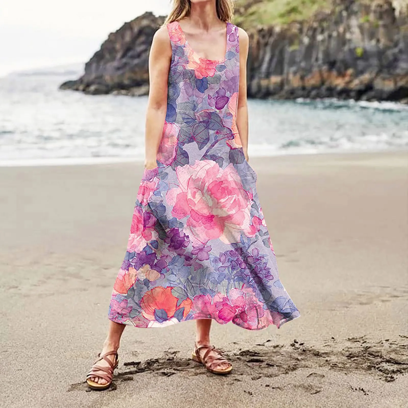 캐주얼 편안한 꽃 프린트 민소매 코튼, 포켓 비치 원피스, 우아한 여성 드레스, 여름 패션