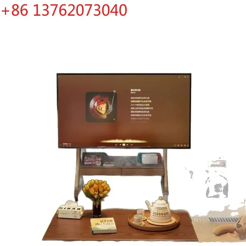 Retro solid wood removable TV cabinet with wheels walnut floor-to-ceiling TV stand
