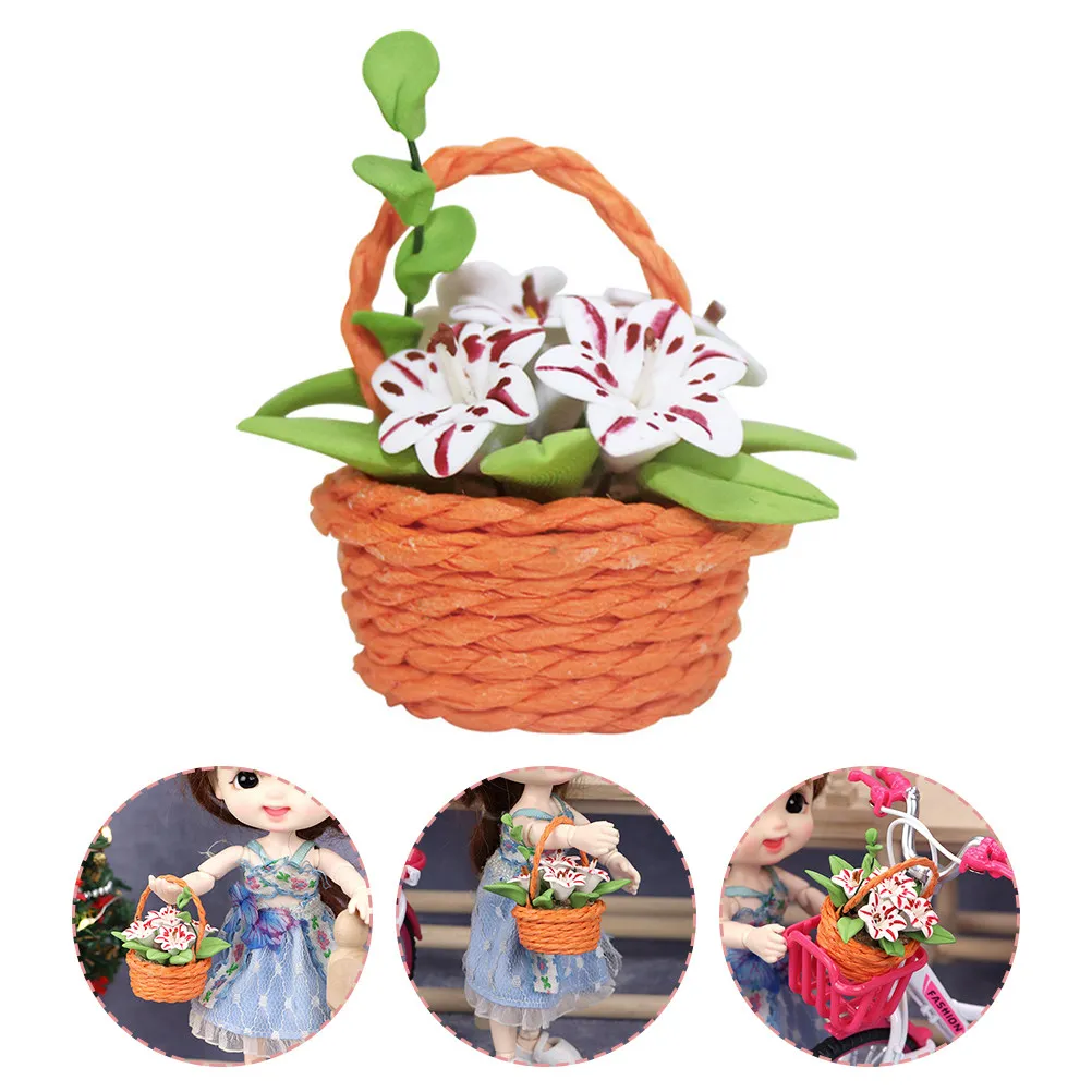 

Mini House Resin Flower Basket Decor Small Lightweight Simulated Lily Basket Micro Landscape Ornament Chic Mini House Decor