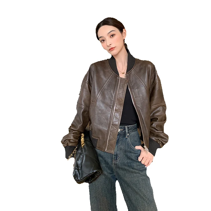 Painted Genuine Leather Jacket, New Sheepskin, Popular On The Internet, Same Style Women's Short Motorcycle Jacket, Baseball Jac