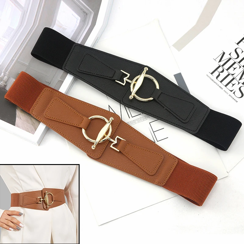 Luxury Fashion Gold Round Buckle Elastic Waist Belts Women Waistband Ladies Wide Waist Seal Coat Dress Decoration Vintage Belt