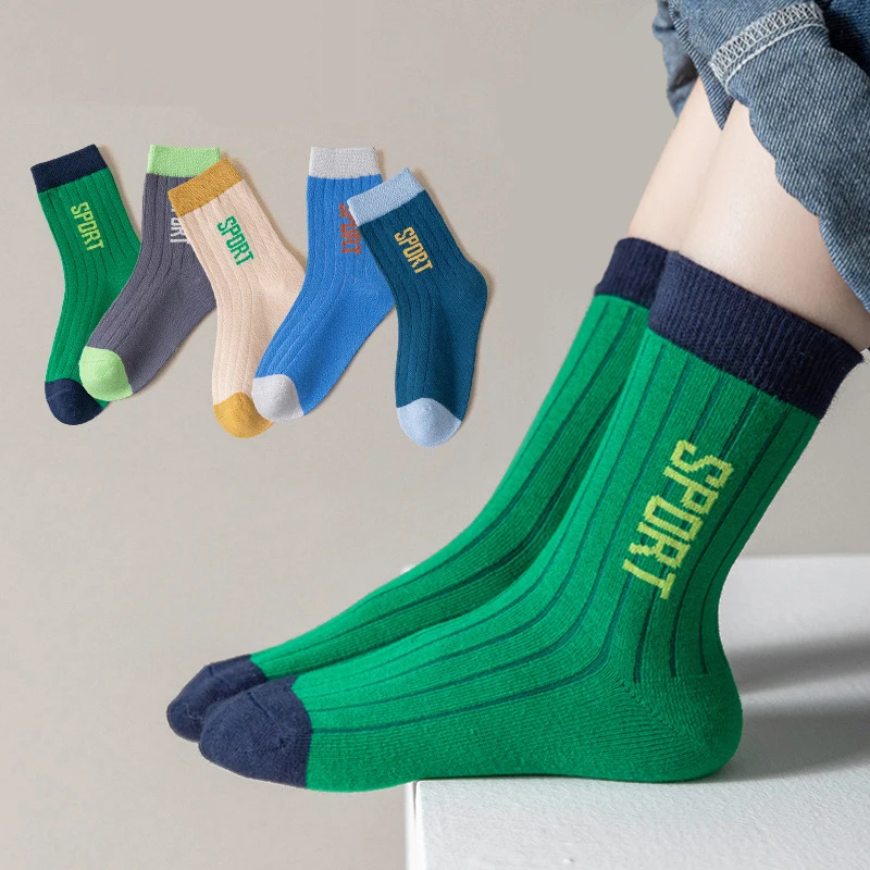 5Pair Autumn Kids Cotton Socks Vertical Stripes Boys Sport Sock Fashion Patchwork Children Middle Tube Socks Baby Footwear 1-16Y