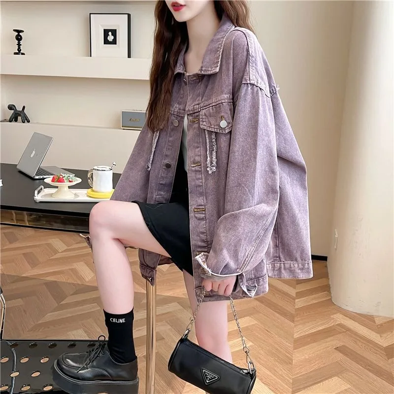 A Loose Design Purple Denim Jacket, A New Spring and Autumn Stylish, Youthful and Versatile Beautiful Top with A Laid-back Style