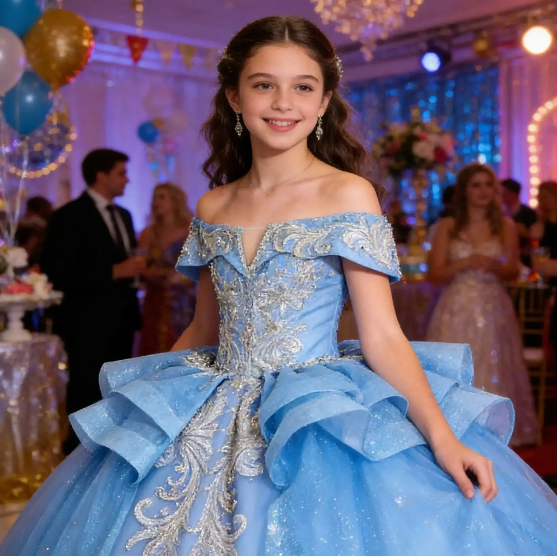 

Princess Sky Blue Off Shoulder Flower Girl Wedding Dress For Wedding Lace Appliques Kids Birthday Party First Communion Gown