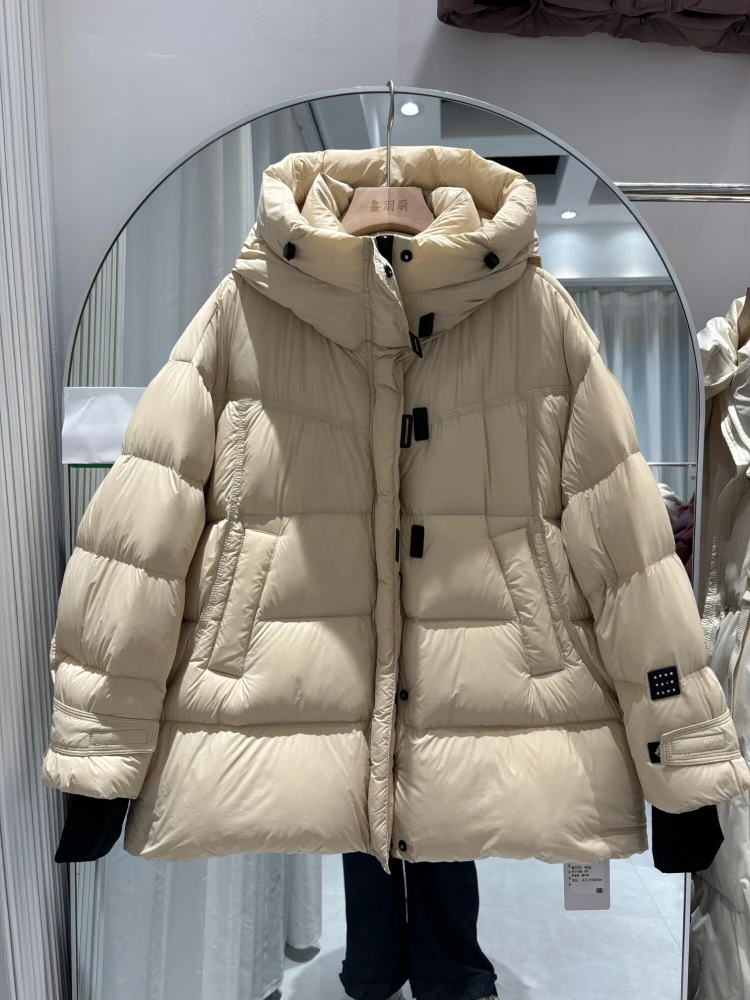

Oversized Down Jacket 2025 New Korean Chic Hooded Puff Bread Suit Women Winter Mid-Length Thicken Warm 90 White Duck Puffer Coat