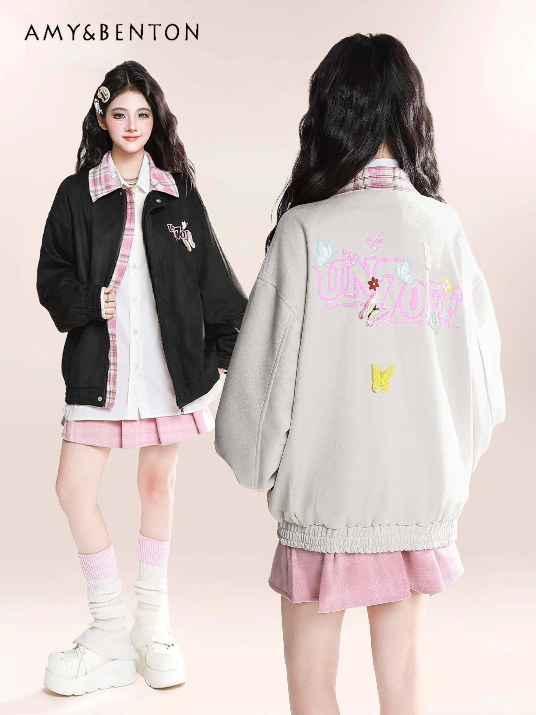 

2025 Spring and Autumn New American Retro Style Butterfly Baseball Jacket Plaid Patchwork Turn-Down Collar Loose Couple Jacket