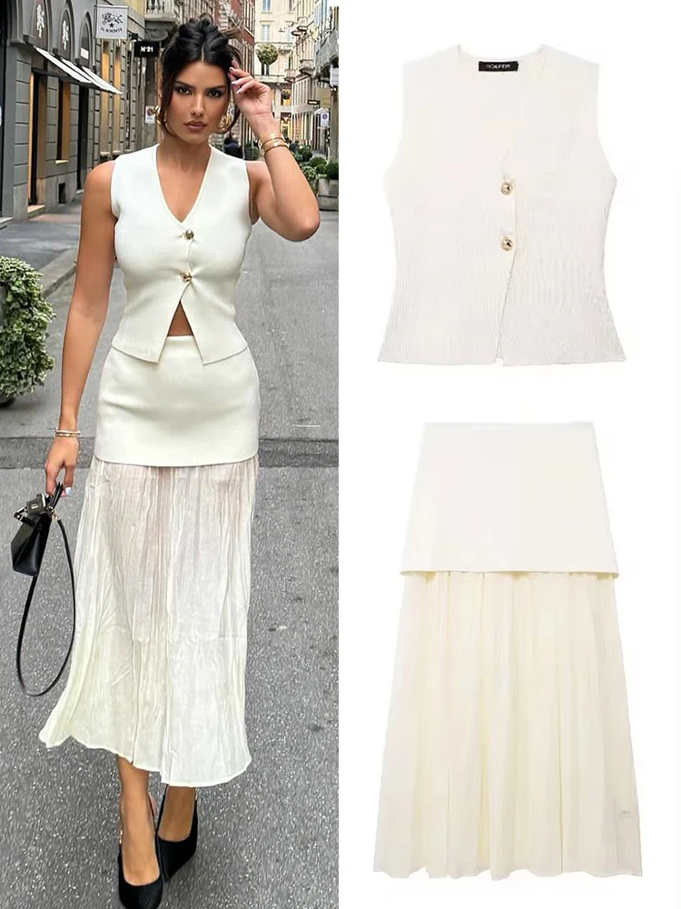 

TRAFZA Summer Women Fashion 2 Pieces Set Knitted V-Neck Sleeveless Button Vest Top+Splicing High Waist Zipper Ankle-Length Skirt