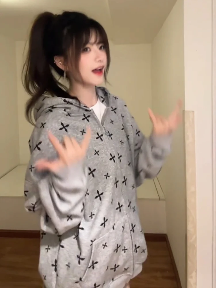 Gothic Cross Print Hoodie Cardigan Women's Spring Autumn 2025 New Couple's Sle American Gothic Trendy Coat Loose Fit Long S...