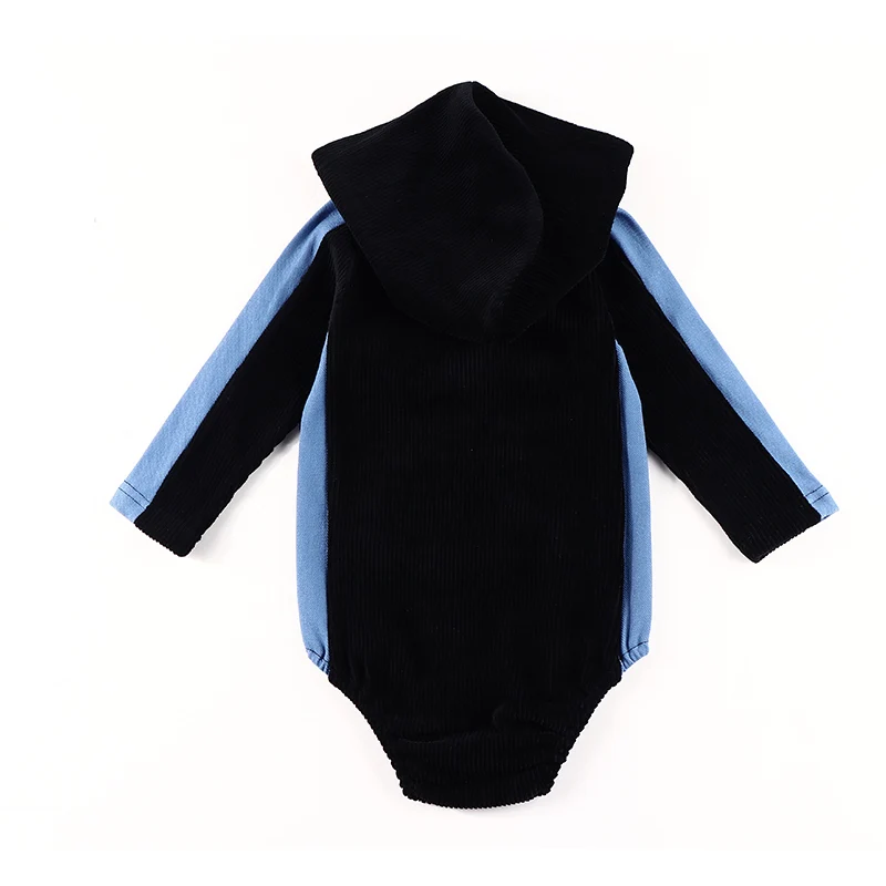 Baby romper black corduroy side denim panel long sleeves baby boy and girls clothes cangroo pocket baby overalls hoodie clothing