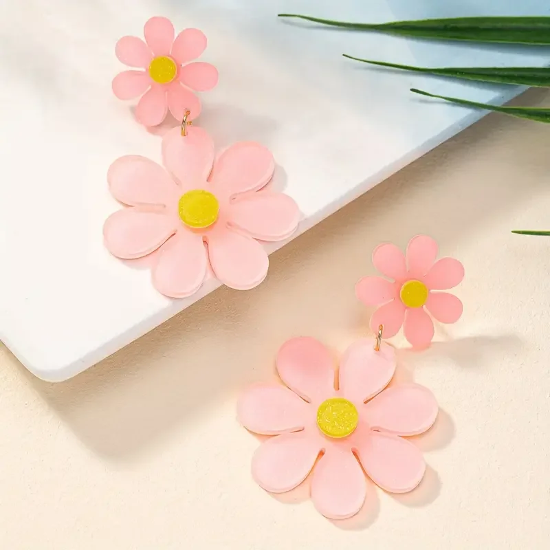 1pair Spring Summer Flower Hollow Flower Ring Dangle Earrings For Women acrylic Earrings  Spring Summer Camp