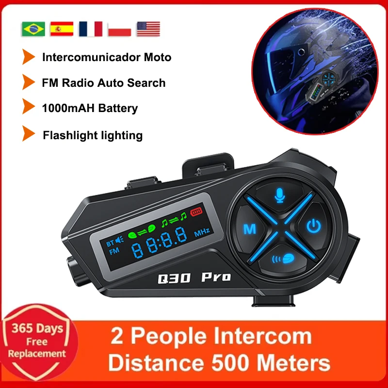 

Q30 Motorcycle Helmet Bluetooth Intercom LED HD Digital Display IP56 Waterproof Music Sharing Intercom Distance 500 Meters