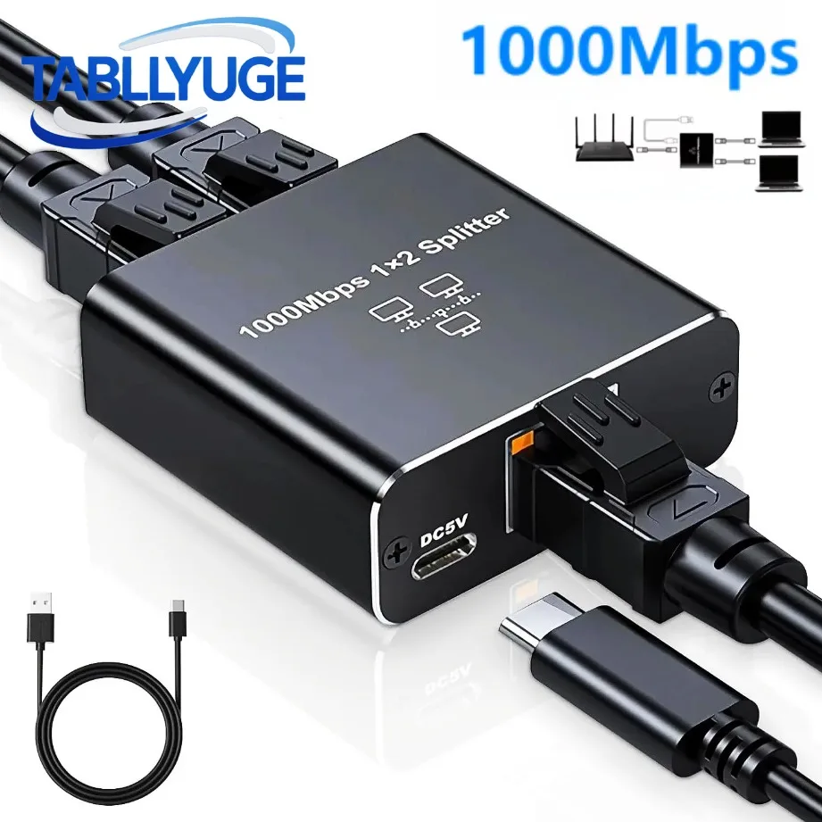TABLLYUGE 1000Mbps RJ45 Splitter 1To2 Adapter Network Splitter Cable Extender Gigabit LAN Connector for PC Router Laptop TV Box
