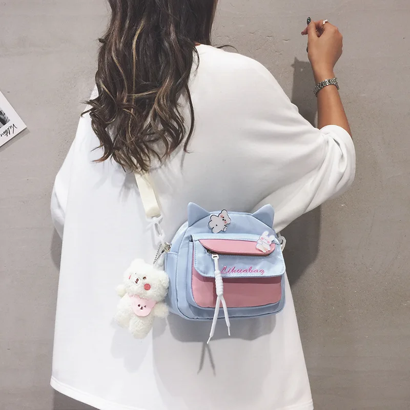 Sweet Girls Ear Canvas Crossbody Bags 2024 New Kawaii Shoulder Bag All Match Simple Letter Cute Pack Japanese Bolsos Mujer