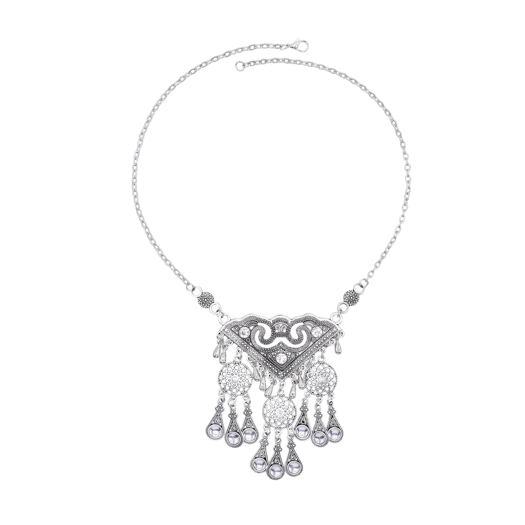 Retro Silvery Hollow Triangular Geometric Pendant Necklace for Women Traditional Afghan Pakistani Tibetan Ethnic Collar Jewelry