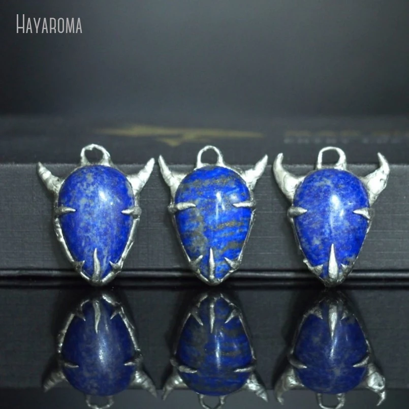 10Pcs Wholesale  Soldered Demon Horn Drop Shape Teardrop Handmade Jewelry Tin Lapis Lazuli Stone Pendant PM48731