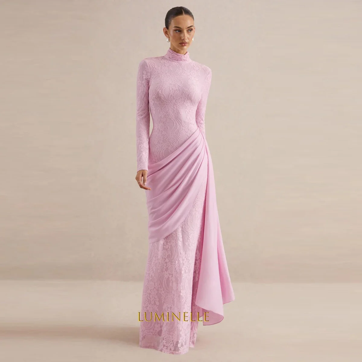 Lilac Lace Evening Dresses High Neck Bodycon Waist Knot Column Prom Dress Customize Formal Occasion Party Gowns With Zipper Back