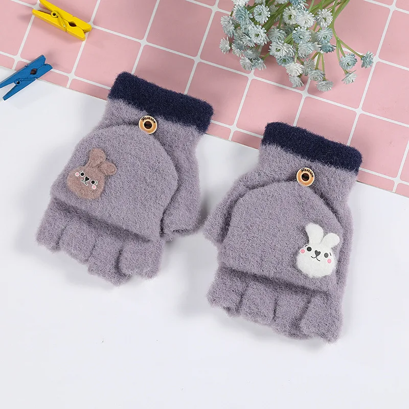 Autumn and Winter 3-8 Years Old Cute Plush Rabbit Students Write Half Finger Baby Cold Warm Cartoon Gloves