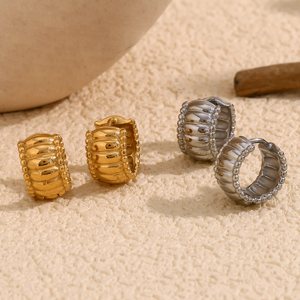 E.B.belle Beads Edge Thread Pattern Round Hoop Earring Stainless Steel 18K Gold Plated Women Basic Jewelry Hypoallergenic