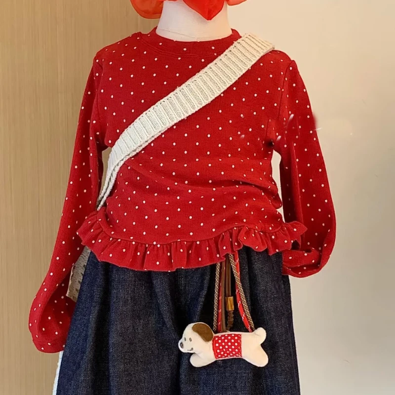 

Red Lace Polka Dot Undershirt Korean Casual Spring and Autumn 2025 Long Sleeved New Fashion Sweet and Cute Undershirt