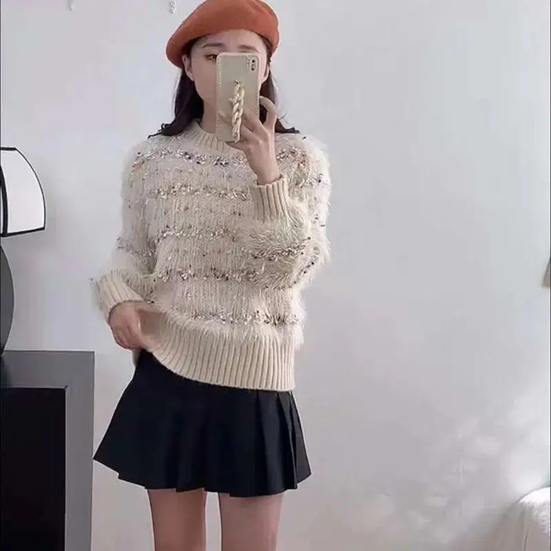 Autumn Winter Fashion Striped Solid Color O-neck Knitwear Women Elegant Temperament Sweater Office Lady All-match Knitwear Tops