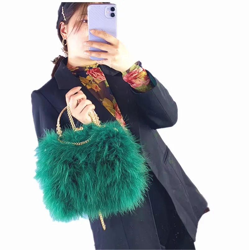 

Модная свадебная сумочка-клатч из страусиных перьев, роскошная меховая сумка через плечо с цепочкой для женщин