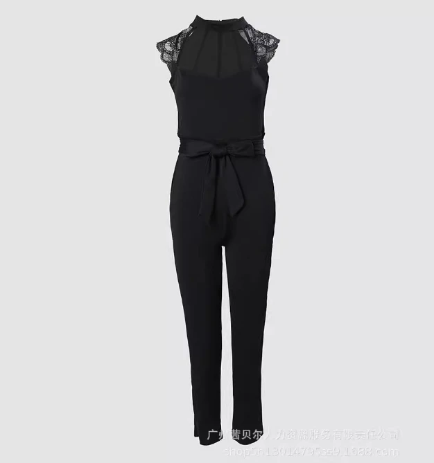 Summer New Lace Patchwork Jumpsuit with Belt Temperament Commuting Slim Fit Slimming Jumpsuit for Women