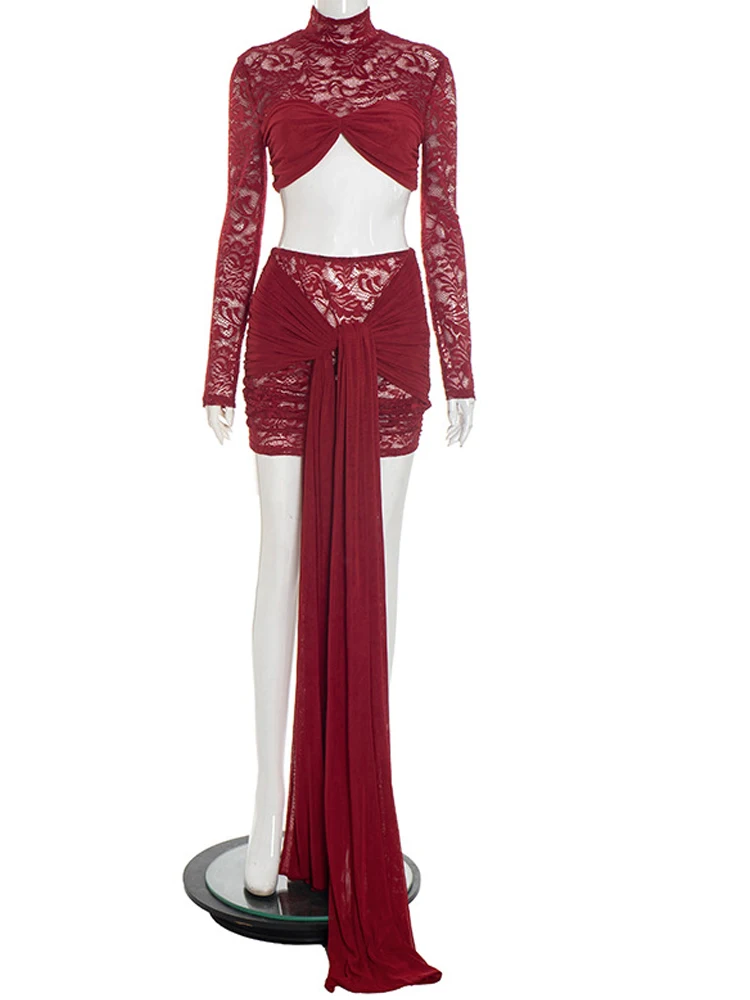 Kricesseen جميلة اقتصاص تويست التفاصيل أعلى + الأشرطة الطويلة تنورة مجموعة جلام المرأة الدانتيل الأزهار مجموعة قطعتين فستان عطلة وتتسابق