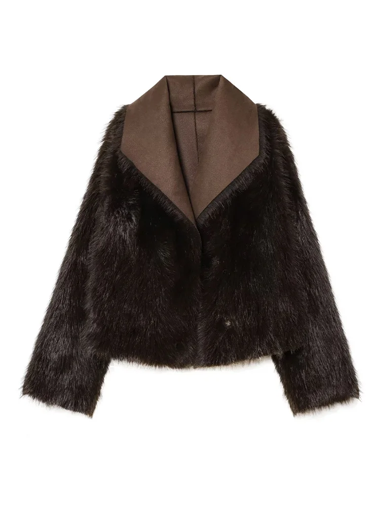 

HH Woman Fashion Comfortable Long Sleeves Furry Lapels Jacket Female Winter Casual Covered Button Solid Color Reversible Coat