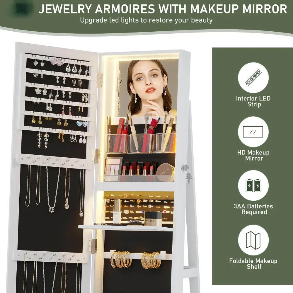 LED Jewelry Armoire With Full Length Mirror, Lockable Mirror With Storage With 3 Color Lights, 360° Swivel Jewelry Cabinet