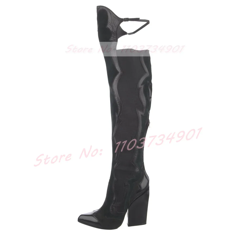Mixed Colors Thigh High Boots Women Stretch Trim Back Zipper Pointy Toe Block High Heels Boots Lady Nightclub Fashion Punk Shoes