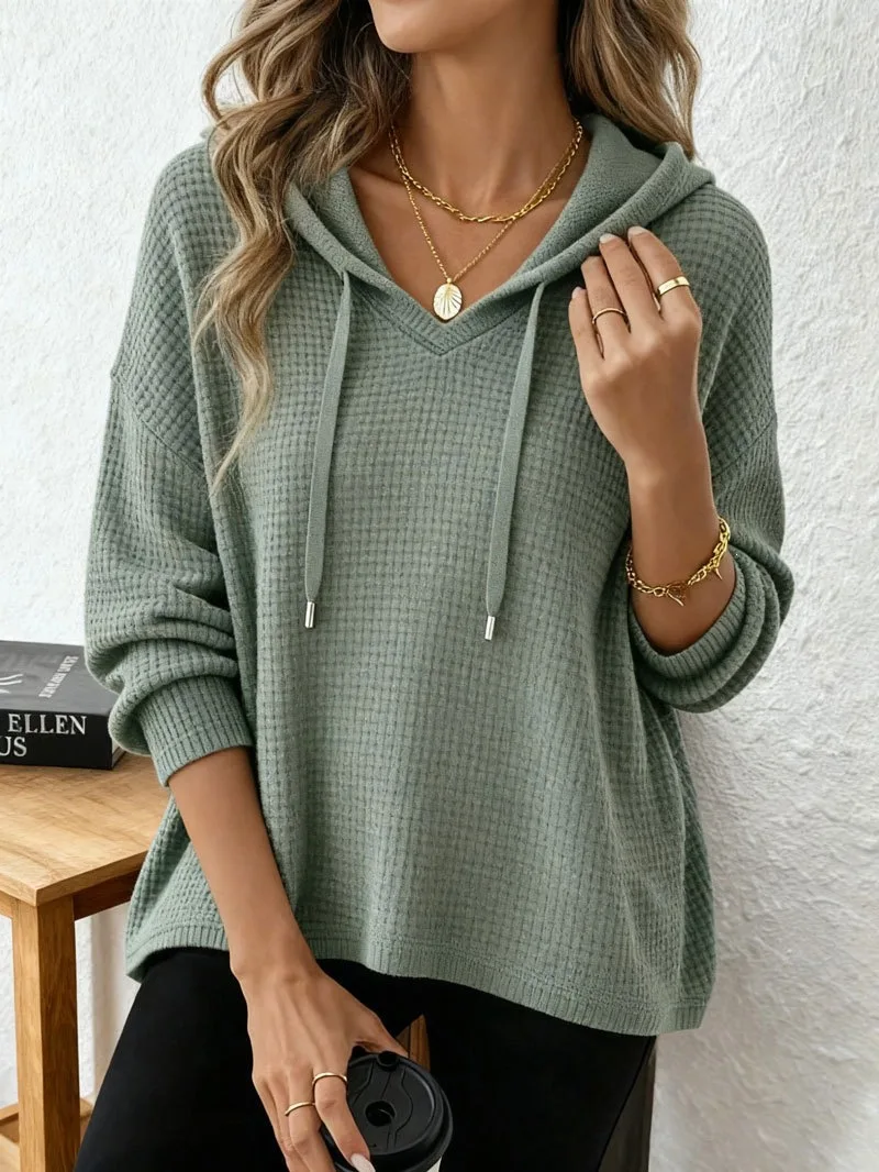 Women's New V Neck Henley Hooded Pullover Sweatshirt Drawstring Long Sleeve Loose Fit Trendy Casual Office Daily Wear Hoodie Top