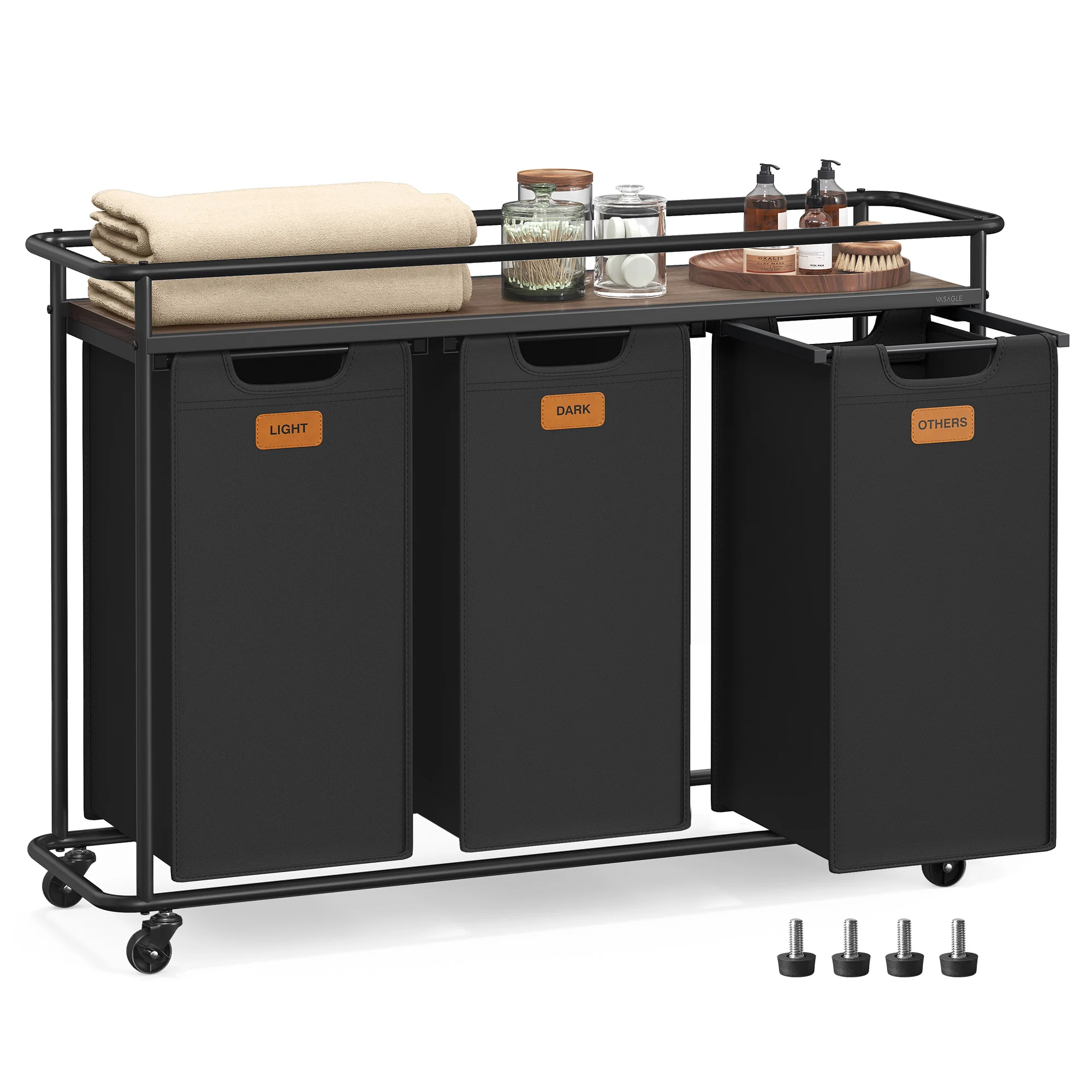 VASAGLE wasmand met 3 compartimenten, wasmand met wielen, 150 L waskar met plank, zwart-bruin