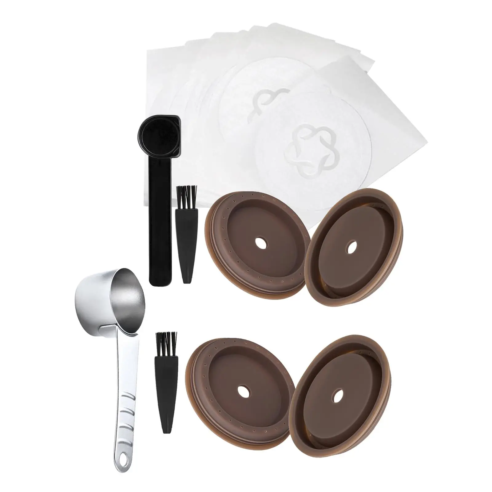 أقراص القهوة، مع ملعقة معدنية، وأغطية وإكسسوارات الفرشاة لـ