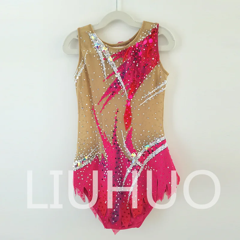 LIUHUO 리듬 체조 레오타드 소매 없음 소녀를 위한 핑크 경쟁 치어리딩 공연