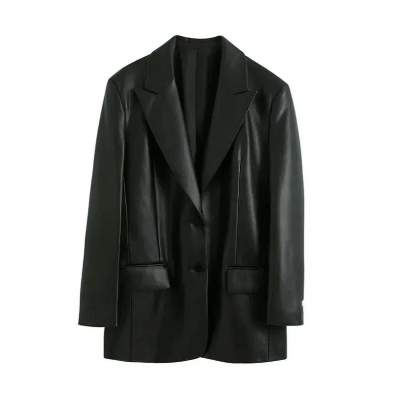 Blazer in PU nero dentellato alla moda giacche larghe in ecopelle da donna eleganti abiti a bottone singolo capispalla da donna di media lunghezza