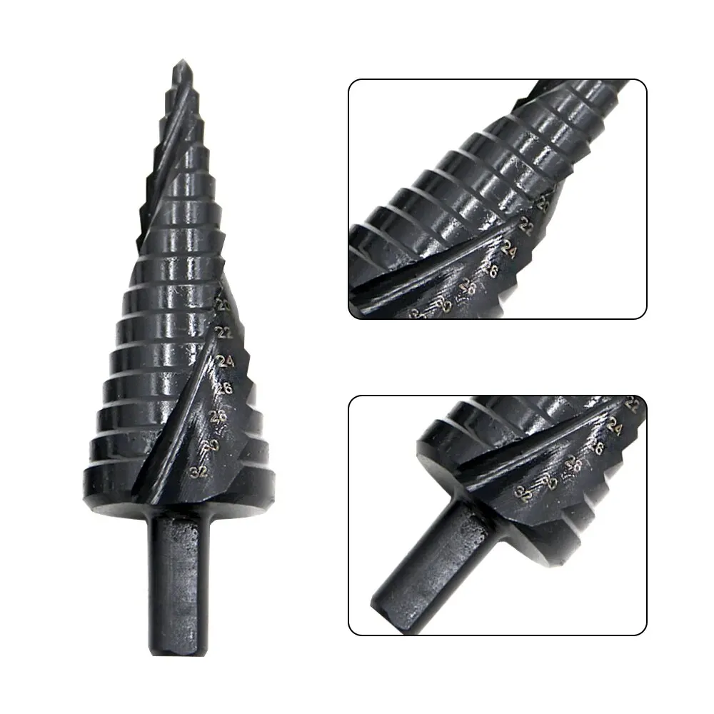 1PC High-speed Steel Nitrided Black Spiral Groove Triangular Handle Step Drill Metric 4-32mm Pagoda Drill Hole Opening Tool