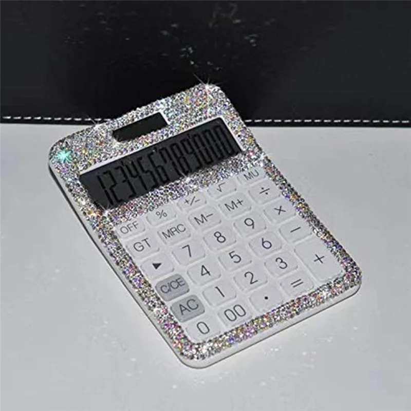 Rhinestone Crystal Dazzling 12 Digit Solar and Battery Dual Power ,LCD Display Calculator for Office, School White