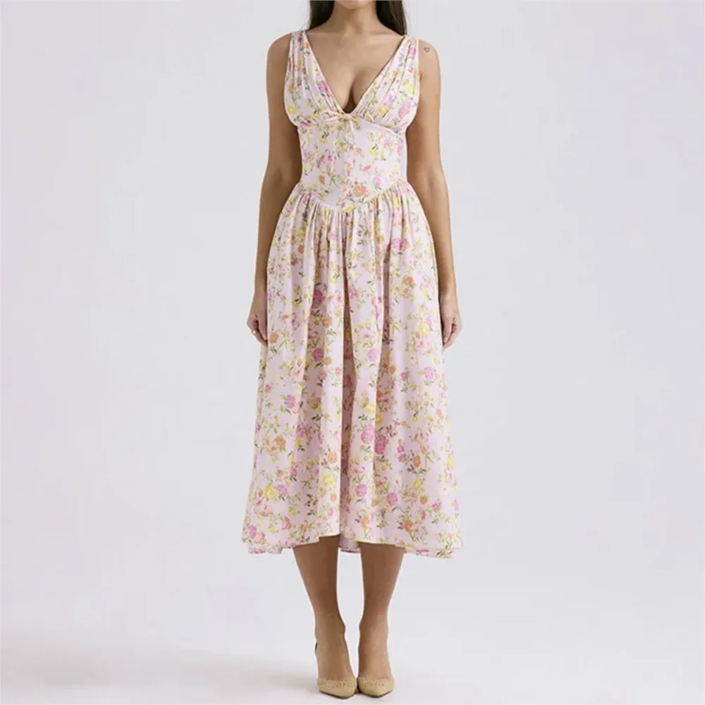 

Elegant Pleated Off-shoulder Printed Suspender Dress Summer New Women's Sexy V-neck Casual Loose Mid-length Dress Ropa Mujer
