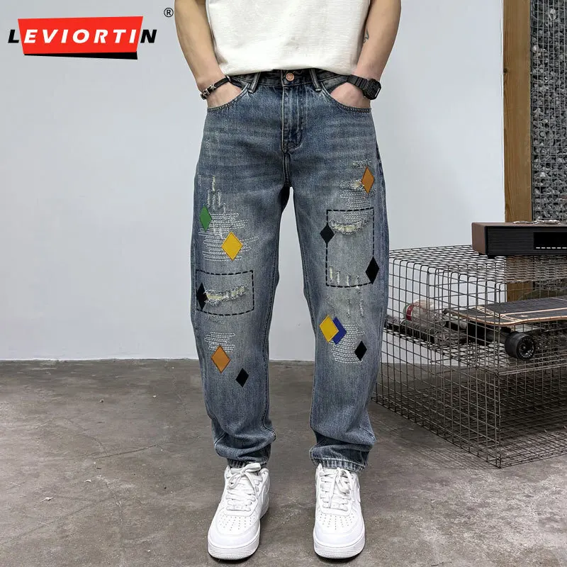 

Men's American High Street Jeans Ripped Embroidered Loose Harem Denim Pants Streetwear Casual Fashion Straight Leg Trousers