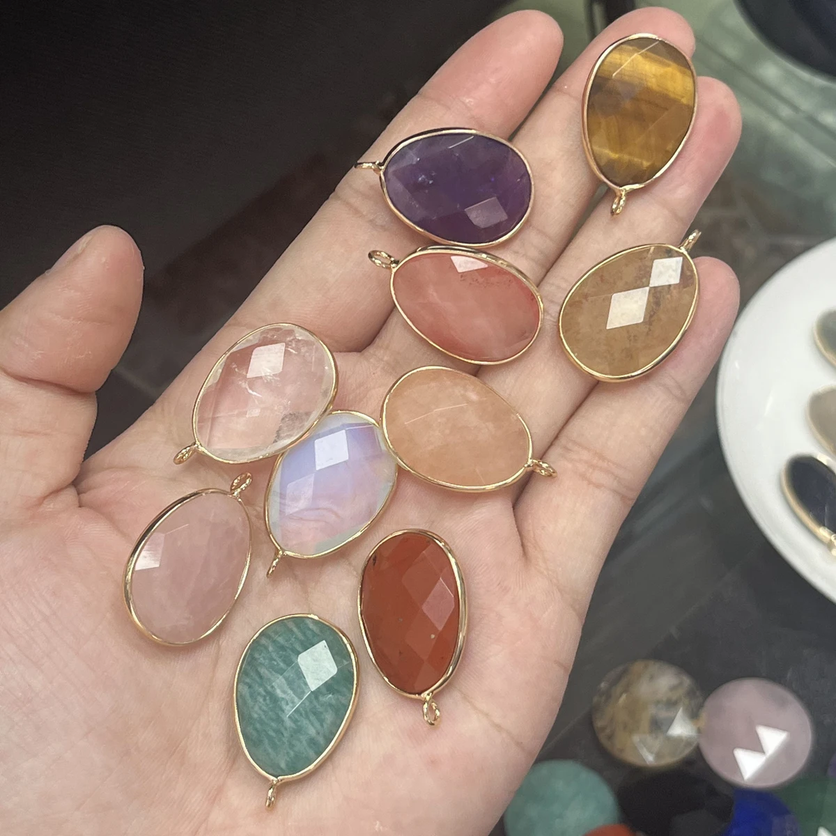 25x38mm Charms Natural Stone Faceted Crystal Aagte Golden Edge Pendant for DIY Women Men Necklace Jewelry Making Accessories