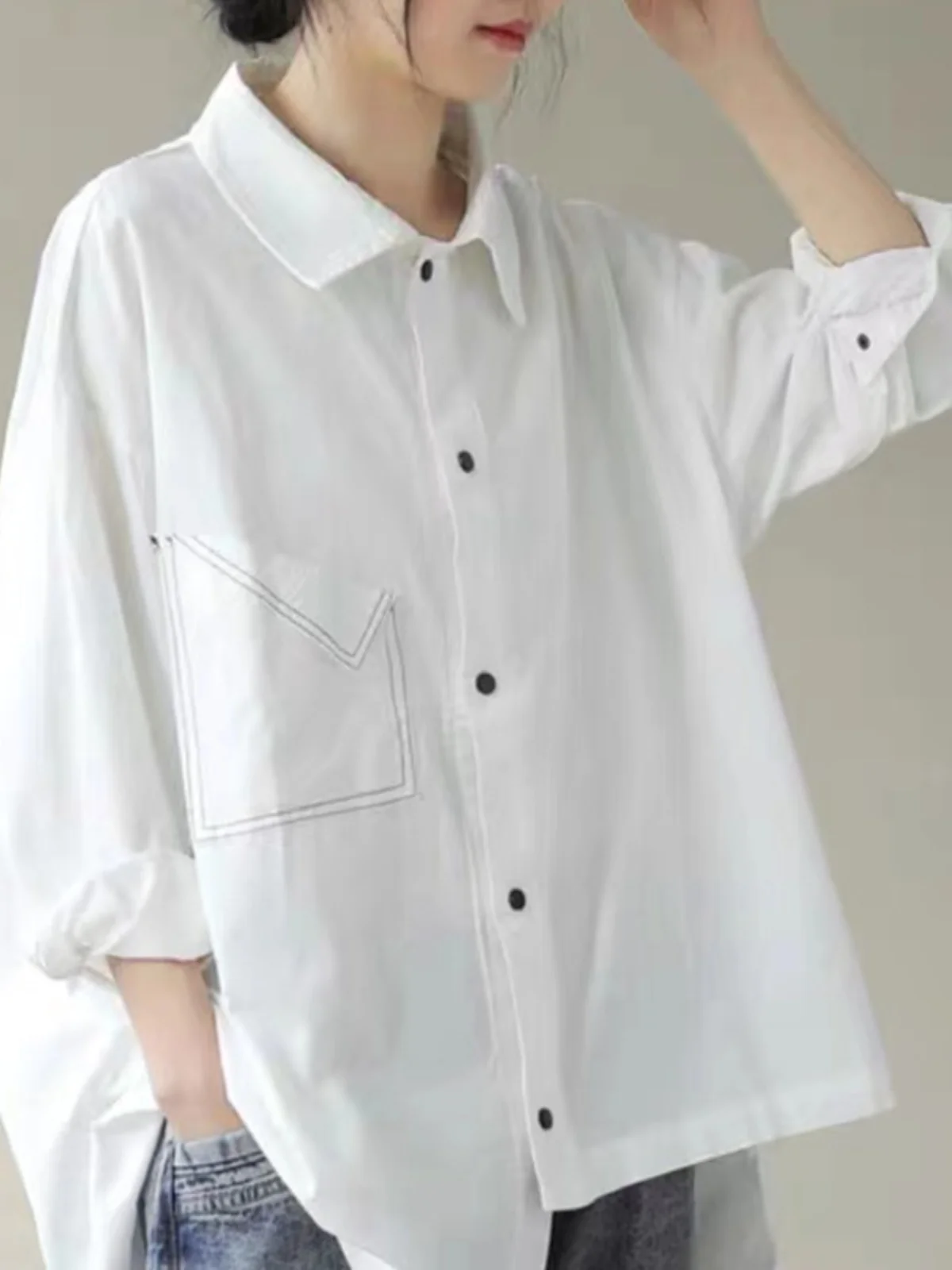 Loose Long Sleeve Collar Shirt Jacket Women's plus Size Korean Style Splicing Elegant Top Pure Color Commute Vintage