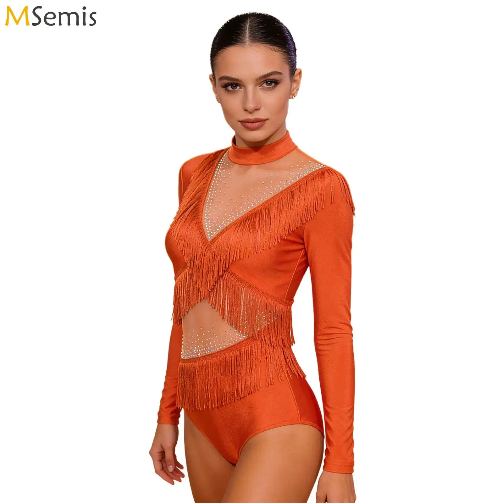 

Womens Sheer Mesh Fringe Latin Dance Fringed Leotard Bodysuit Rhinestones Performance Costume Tango Ballroom Performance Wear