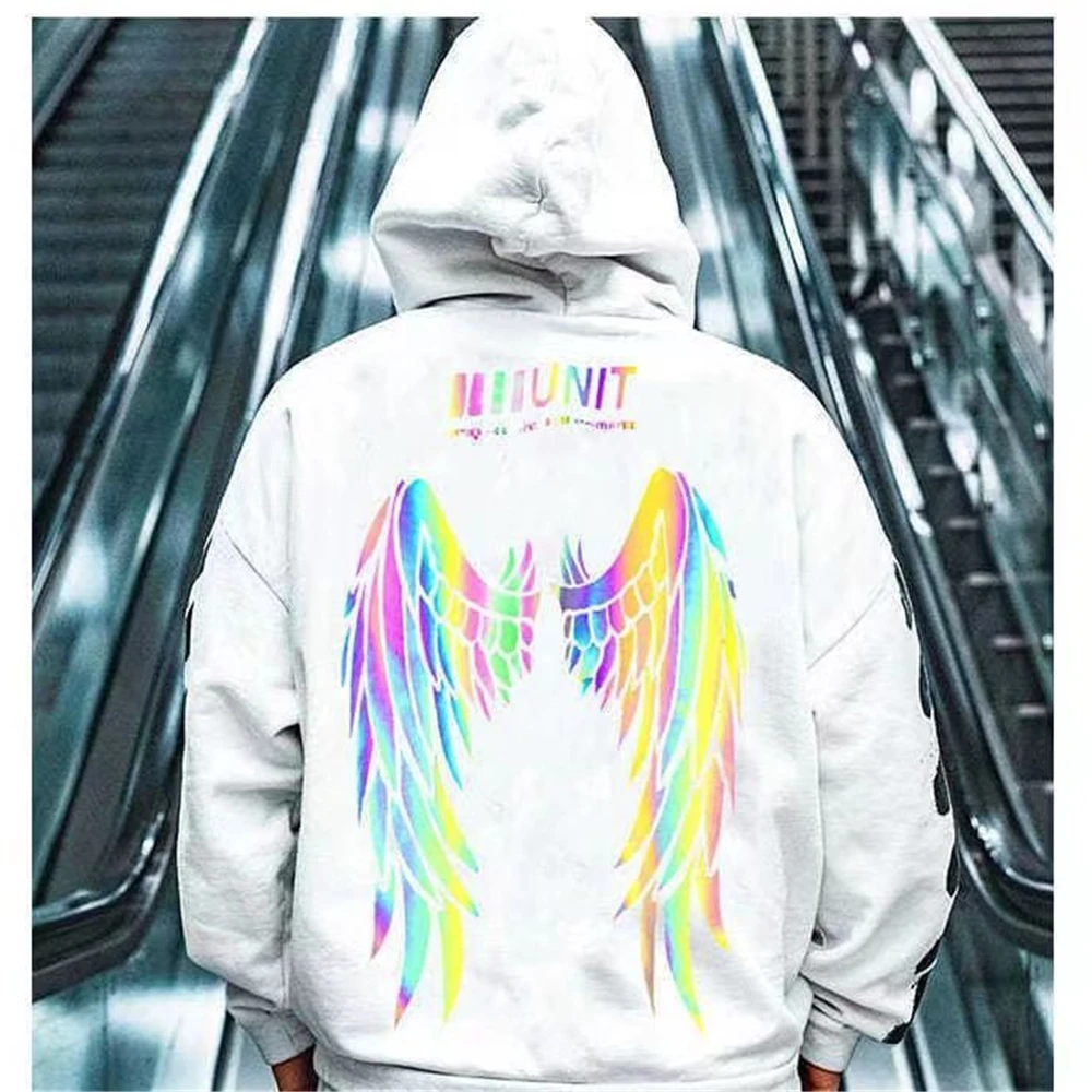 Mens Hoodies 2023 Spring Hip Hop Streetwear Harajuku Reflective Wing Printing Pullover Fashion Hooded Sweatshirt Male Clothing