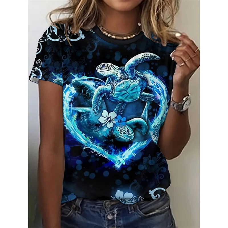 Camiseta con estampado de gato y tortuga y pájaro para mujer, camisetas con estampado 3D de animales de dibujos animados, camisetas holgadas de manga corta con cuello redondo para verano