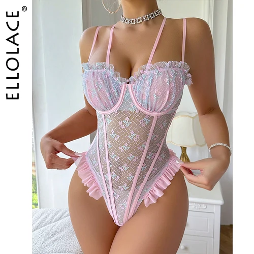 Imagen 1 del producto Ellolace-body de encaje con volantes para mujer, Body Sexy elegante, Kit Onlyfans, Tops sexys transparentes de color rosa romántico y rizado