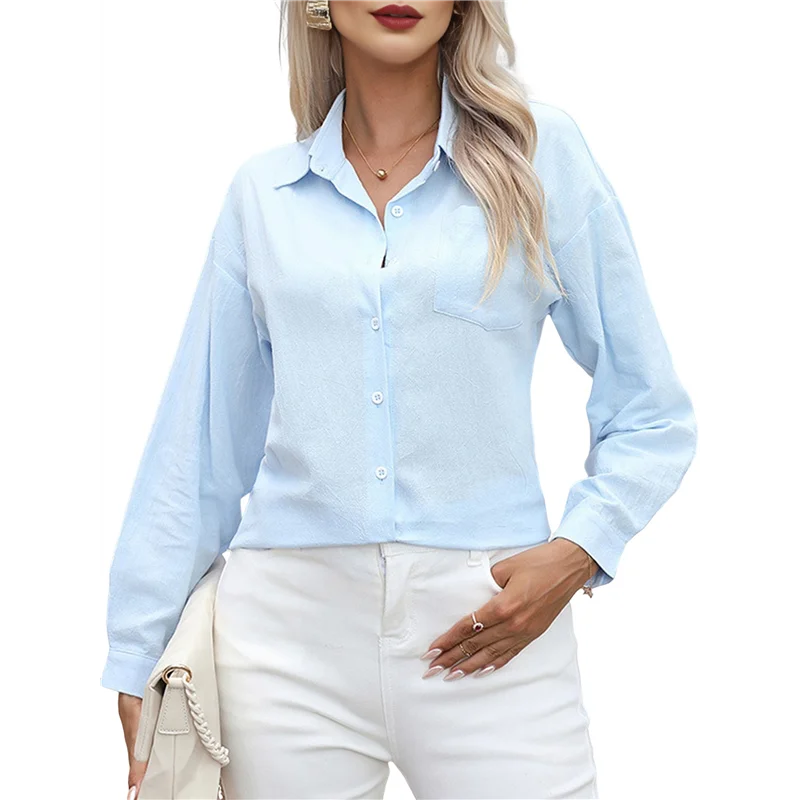 

Button Down Shirts For Women Cotton Dress Shirts Collared Long Sleeve Wrinkle Free Blouse Tops Light Blue XXL-A55G