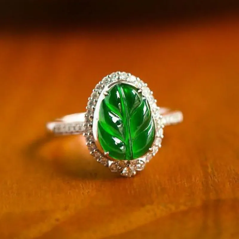 Creative Green Leaf Rings for Women 925 Silver Inlaid  Natural Chalcedony Ring Fashion and Exquisite Classic Wedding Jewelry