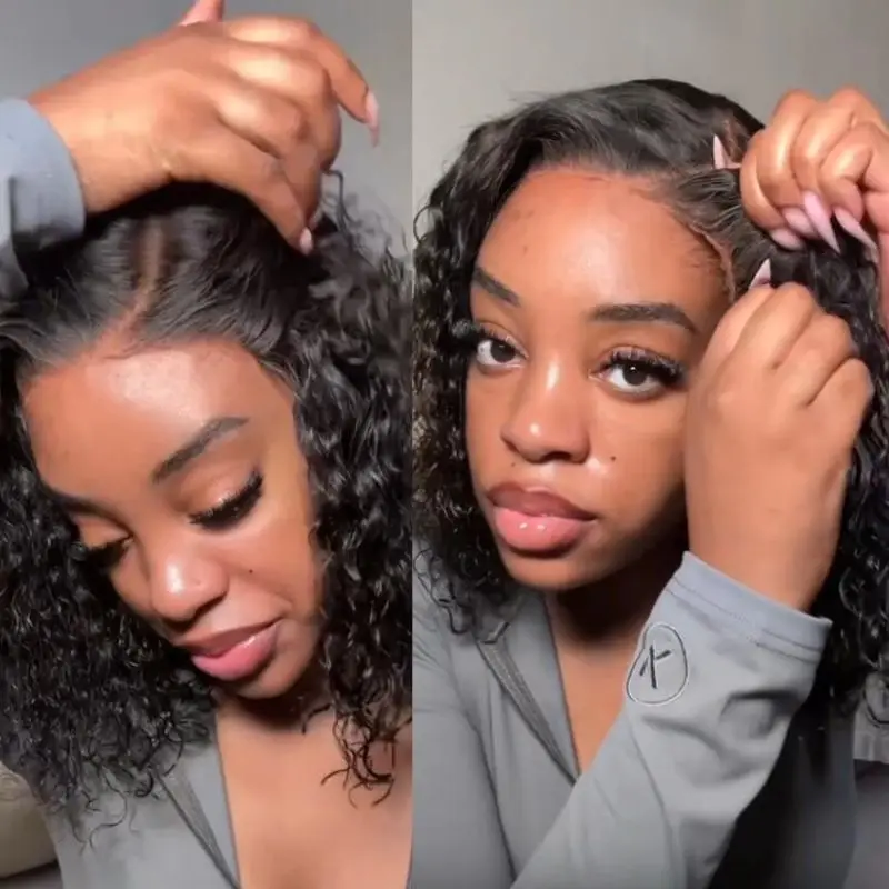 Klaiyi Human Hair 6x4 Lace Bye-Bye Slip Glueless Wig Side Part Loose Wave Bob 220% High Density Drawstring Wig Easy to Install