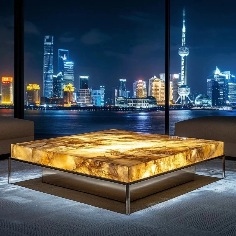 Square luminous jade coffee table villa living room marble high-end Venice brown home