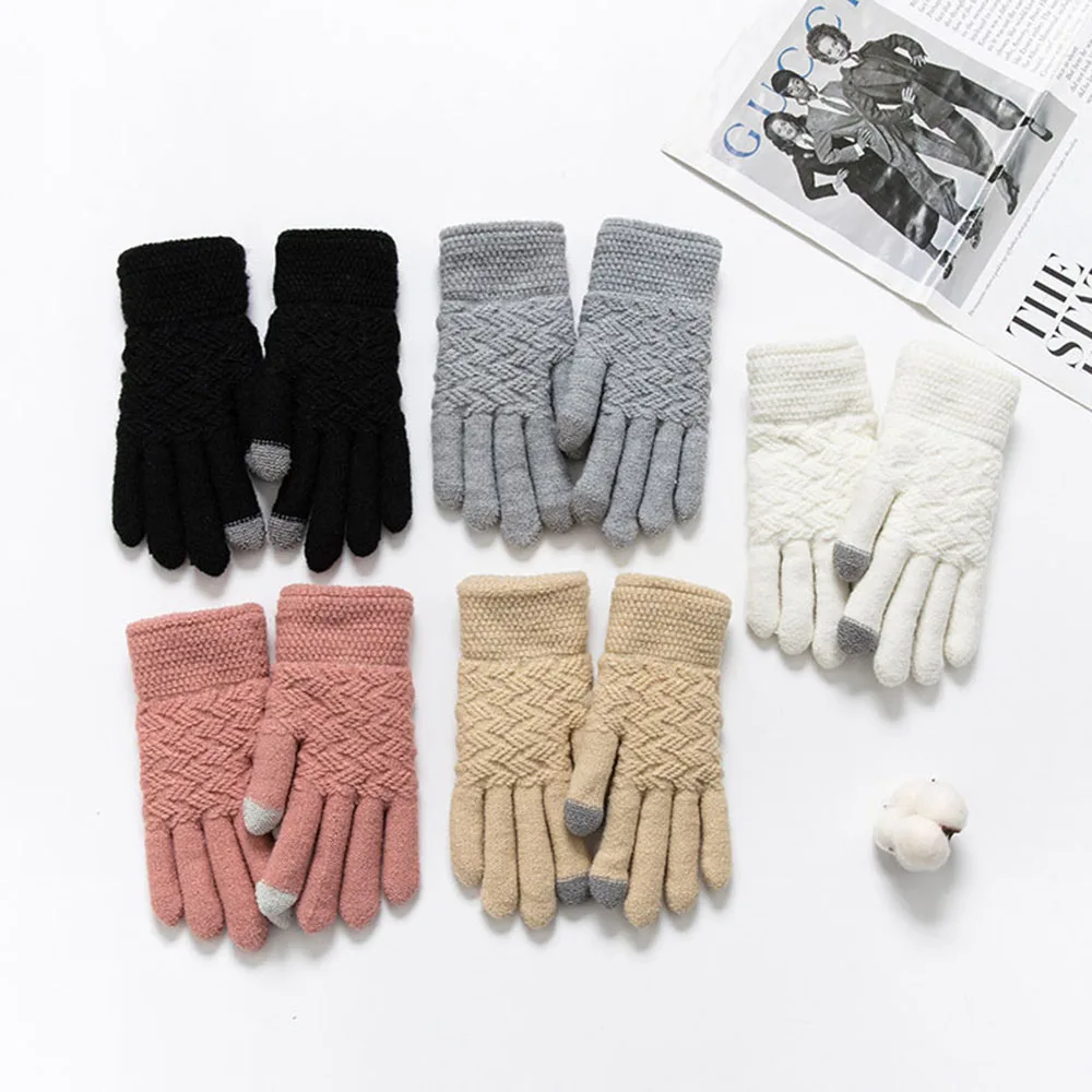 Winter Knitted Touch Screen Gloves Warm Hand Cover Plush Fur Stretch Classical Knit Mittens Outdoor Cycling Driving Glove